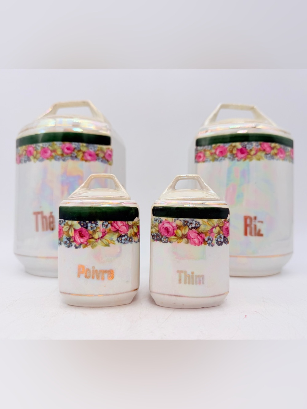 Ceramic Floral Spice Jars Set - Pink Floral Accent - Czechoslovakia vintage